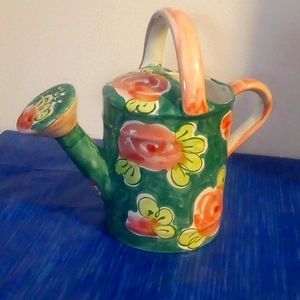 Ceramic watering can green with pink flowers